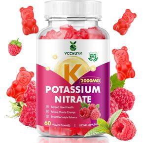 Potassium Gummies for Women & Men, High Dose Potassium Supplement 2000mg Supports Muscle Cramps & Electrolyte Balance, Raspberry Flavor 60 Count