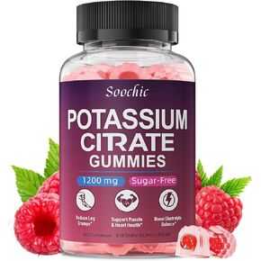 Potassium Citrate Gummies - 1200mg Chewable Potassium Supplement for Men & Women - Supports Leg Cramps & Muscle Health - Vegan, Gluten Free, Sugar Free - Raspberry Flavor (60 Count)
