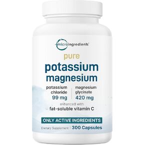 Pure Potassium Supplement with Magnesium Glycinate, 300 Capsules | Enhanced with Fat-Soluble Vitamin C | Chloride + Glycinate Mineral Electrolyte Complex | Only Active Ingredients | Filler Free