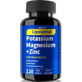 Magnesium Potassium Supplement, 1600mg Liposomal Magnesium Aspartate, Potassium Chloride, with Zinc, K2, Vitamin B1 for High Blood Pressure, Support Vascular, Bone & Leg Cramps, 120 Veg Capsules