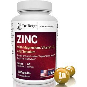 Dr. Berg Zinc 30mg Enhanced with Magnesium, Vitamin D3, Selenium, & Copper - Zinc Supplements for Men & Women - Chelated Zinc for Immune, Skin, Hair, & Nails Support* - 60 Capsules