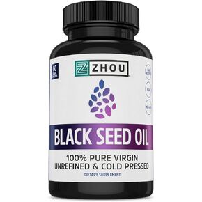 Zhou Black Seed Oil Capsules - Black Cumin Seed Oil Cold Pressed, Nigella Sativa, Pure Unrefined Blackseed, Premium Supplement for Health, Hair & Skin w/ Thymoquinone - 60 Capsules (Pack of 1)
