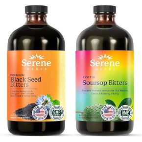 حزمة Soursop & Black Seed Bitters-إزالة السموم الأعشاب العضوية للدعم الجهاز الهضمي وصحة المناعة بواسطة الأعشاب الهادئة-غير المعدلة وراثيًا ، 32 أوقية (16 كل منها) ، 64 حصص