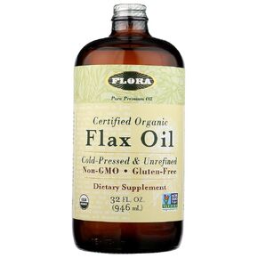 Flora - Flax Oil - Cold-Pressed, Unrefined, Organic Flax Seed Oil - Contains Omega-3 & Omega-6 - Non-GMO & Gluten-Free - Keep Chilled - 32 fl. oz. Amber Glass Bottle