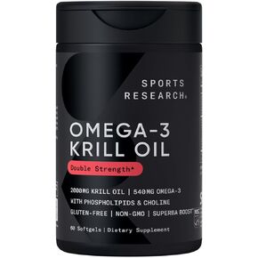 أبحاث رياضية زيت القطب الجنوبي أوميغا 3 softgels 1000mg (قوة مزدوجة) مع الفسفوليبيد ، والكولين والستاكسانثين - مصادر مستدامة ، غير محرّك و GMO خالٍ من الغلوتين - 60 كبسولة