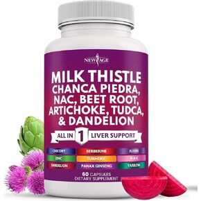 NEW AGE Milk Thistle NAC Chanca Piedra Beet Root Artichoke Dandelion Root Astragalus - Plus TUDCA & Ginger - 120 Count