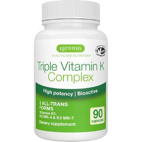 Igennus High Strength Triple Vitamin K Complex 2700 mcg, Vitamin K1 & K2 (MK-4 & MK-7), Advanced Bioactive Forms, Bone & Cardiovascular Support, Clean Label, Vegan, 90 Capsules