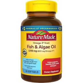 Nature Made Omega 3 Fish Oil and Algae Oil Supplements, 1200mg, Omega 3 Supplement for Heart, Brain and Eyes Support, One Per Day, 60 Softgels