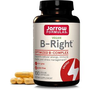Jarrow Formulas B-M-right ، مجمع B المحسن الذي يتميز بفيتامين B1 و B2 و B5 و B6 و B12 و B9 لدعم الطاقة الخلوية ، وصحة المناعة وإدارة الإجهاد ، و 100 كبسولات خضار ، تصل إلى 100 يوم
