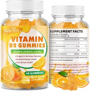 فيتامين B2 Gummies - Riboflavin 400mg للأطفال والكبار ، والاستيلاء على الصداع النصفي والصداع ، والنباتات الخالية من السكر ، والبرتقالي ، 60 غمومة