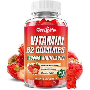 فيتامين B2 Gummies ، Riboflavin 400mg مع المغنيسيوم للأطفال والبالغين ، B2 Gummies لدعم الصداع النصفي والطاقة ، نكهة الفراولة ، 60 COUNT