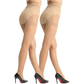 MERYLURE Tummy Control Pantyhose for Women, Control Top Black Tights 20D Sheer Shaping Nylon Support Stockings 2 Pairs