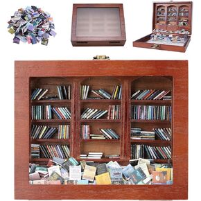 Anxiety Bookshelf Tiny Miniature Library Display Cabinet with Mini Books | Stress Relief and Creativity Decor - Mini Book Matchbox Shelf for Anxiety Relief