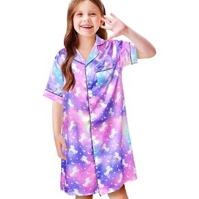 Sylfairy Girls Silk Nightgown Kids Satin Pajamas Short Sleeve Button Down Nightshirt Sleepwear Night Dress size 4-10