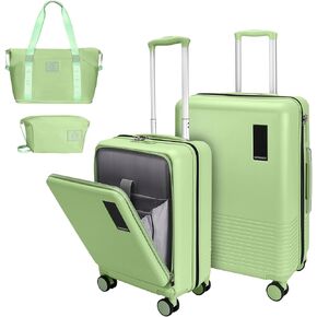 2 Piece Luggage Sets with Spinner Wheels Front Open Pocket, ABS+PC Suitcase with TSA Lock & YKK Zipper, Carry On 20/24 inch Medium +Toiletry Bag+Handbag, Apricot Off White