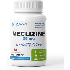 Puregen Labs Meclizine 25 mg Antiemetic 200 chewable Tablets | Motion Sickness Relief - Prevent Nausea, Vomiting, and Dizziness | Dairy Free | Made in USA | Value Pack – 200 chewable Tablets