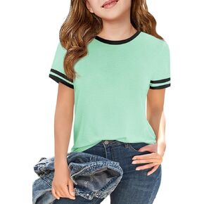 Haloumoning Girls Short Sleeve T Shirts Kids Summer Crewneck Color Block Tops Fashion Tees 5-14 Years