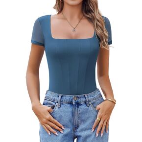Avidlove Women's Short Sleeve Bodysuits Sexy Square Neck Body Suit Mesh Double Lined Tshirt Leotard Tops Going Out