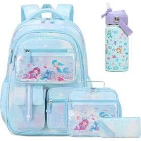 Kids School Backpack for Girls, Mermaids Bookbag Backpack with 14OZ Water Bottle, Lunch Bag Set for GirlsTeens Middle Student, Girls Backpack for School (4pcs Water Bottle)