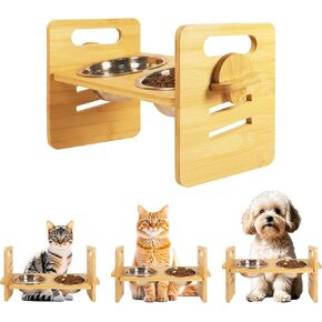 10° Elevated Cat Bowls for Food and Water Set Raised Cat Dishes for Indoor Cats 3 Different Heights Bamboo Cat Feeding Stand Anti Whisker Fatigue for Cats and Puppy (1Pcs Bamboo, 2Bowls)