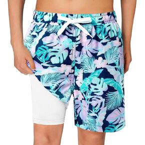 Haloumoning Boys Swim Trunks with Compression Liner Kids Drawstring Bathing Suit Quick Dry Swim Shorts 5-14 Years