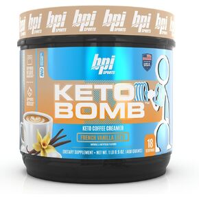 BPI Sports Keto Bomb Coffee Creamer - Supports Energy and Hydration - MCT and Electrolytes - with Calcium - Caramel Macchiato, 18 Servings