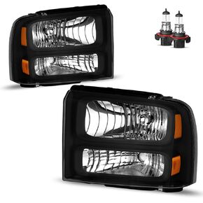 Headlights Assembly for 2005-2007 Ford F250 F350 F450 F550 Super Duty Headlamp Replacement Black Housing Driver & Passenger Side
