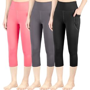 Big Elephant 3 Packs Girls Capri Leggings مع جيوب ، وسروال اليوغا المرتفع بخصوصية تجريب للرقص الرياضي للأطفال