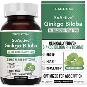 Ginkgo Biloba Soaction | مثبت سريريًا ، جينكو بيلوبا فيتوسيوم - 300 ٪ امتصاص أفضل - 180 ملغ جرعة - الدماغ ، القلب ، مزاج ودعم الذاكرة - محسّن للمواد المغذية النشطة (60 كبسولة)