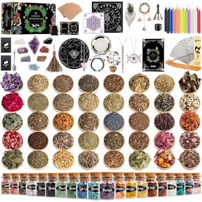 مجموعة Witchcraft Supplies ، 150Pack Wiccan Supplies والأدوات الهدايا الساحرة للمبتدئين والأعشاب المجففة والبلورات والشموع وملجأ مذبح الساحرة الخضراء