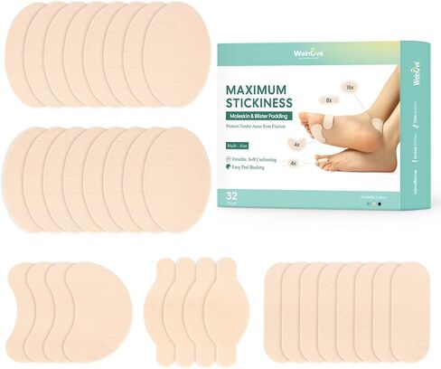 Welnove Moleskin Adhesive Pads for Feet,Blister Bandages for Feet, Mole Skin Patch for Feet Heels, Skin Tape Stickers for Feet - 16 Sheets of 4 Shapes in Kuwait