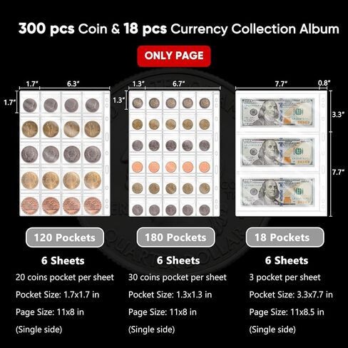 Fireproof Coin Collection Book Coin Holder, 300 Pockets Fireproof Coin Collection Book & 36 Paper Money Organizer Binder for Coin Collection Supplies,Coin Collector Gifts in Kuwait