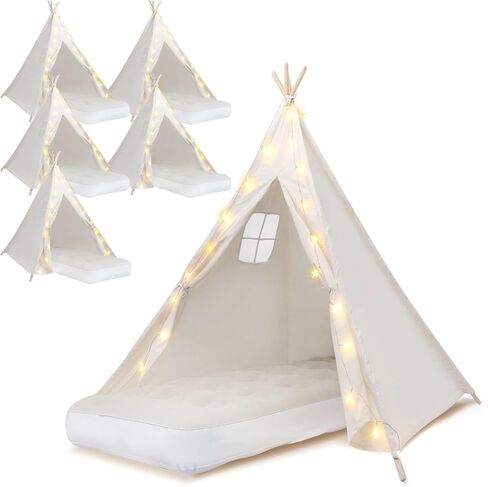 4 Pack Teepee Tent for Kids [Thickened and Upgraded] with Light String and Inflatable Airbed, Slumber Party Tents, Sleepover Tents Party for Girls Boys Indoor Outdoor (White) in Saudi Arabia