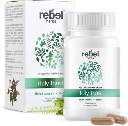 Organic Holy Basil Capsules – Tulsi Leaf Extract, 480mg, 60 Capsules | Ayurvedic Herbal Supplement for Stress Relief, Calm & Wellness | Adaptogen for Vitality, Non-GMO, Gluten-Free in Saudi Arabia