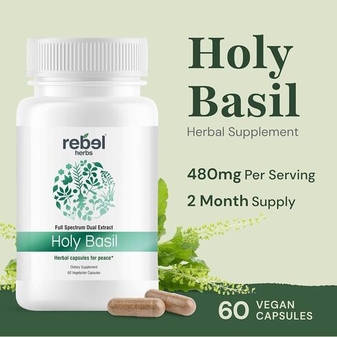 Organic Holy Basil Capsules – Tulsi Leaf Extract, 480mg, 60 Capsules | Ayurvedic Herbal Supplement for Stress Relief, Calm & Wellness | Adaptogen for Vitality, Non-GMO, Gluten-Free in Saudi Arabia