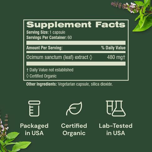 Organic Holy Basil Capsules – Tulsi Leaf Extract, 480mg, 60 Capsules | Ayurvedic Herbal Supplement for Stress Relief, Calm & Wellness | Adaptogen for Vitality, Non-GMO, Gluten-Free in Saudi Arabia