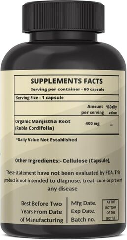 Organic Manjistha Root 400mg Organic Skin Supplement, Rubia Cordifolia in Saudi Arabia