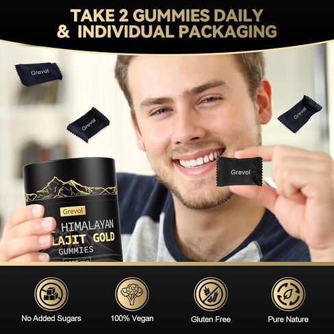 Pure Himalayan Shilajit Gummies: Gold Grade Shilajit Riched with Ashwagandha Fulvic Acid & 85+ Trace Minerals - No Added Sugar - Individually Wrapped - for Men & Women - 60 Gummy in Kuwait