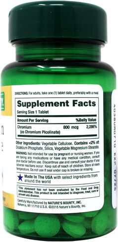 Nature's Bounty Chromium Picolinate, Supports Fat, Protein & Sugar Metabolism, Mineral Supplement, 800 mcg, 50 Tablets in Kuwait