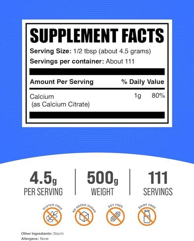 BulkSupplements.com Calcium Citrate Powder - Calcium Supplement, High Bioavailable - Unflavored & Gluten Free, 4.5g per Serving, 500g (1.1 lbs) (Pack of 1) in Saudi Arabia