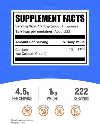 BulkSupplements.com Calcium Citrate Powder - Calcium Supplement, High Bioavailable - Unflavored & Gluten Free, 4.5g per Serving, 500g (1.1 lbs) (Pack of 1) in Saudi Arabia