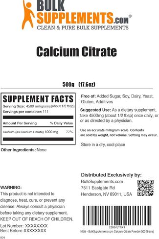 BulkSupplements.com Calcium Citrate Powder - Calcium Supplement, High Bioavailable - Unflavored & Gluten Free, 4.5g per Serving, 500g (1.1 lbs) (Pack of 1) in Saudi Arabia