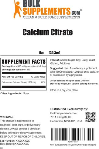 BulkSupplements.com Calcium Citrate Powder - Calcium Supplement, High Bioavailable - Unflavored & Gluten Free, 4.5g per Serving, 500g (1.1 lbs) (Pack of 1) in Saudi Arabia