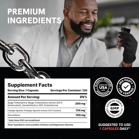 Turkesterone Supplement for Men - Organic Turkesterone Supplement for Muscle Growth with Fadogia Agrestis for Men, Pterostilbene | Complexed Turkesterone Powder | 120 Turkestrone Vegan Capsules in Kuwait