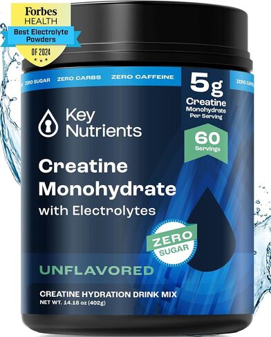 KEY NUTRIENTS Creatine Monohydrate Powder + Electrolytes, 5000mg Creatine Powder, Micronized Creatine Monohydrate, Creapure Creatine for Muscle Building & Workout Recovery - 60 Servings, Made in USA in Saudi Arabia