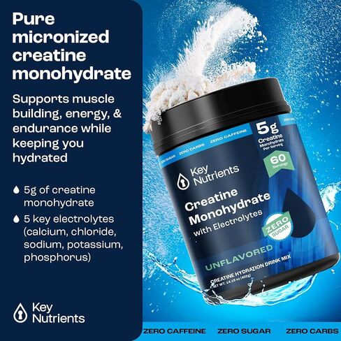 KEY NUTRIENTS Creatine Monohydrate Powder + Electrolytes, 5000mg Creatine Powder, Micronized Creatine Monohydrate, Creapure Creatine for Muscle Building & Workout Recovery - 60 Servings, Made in USA in Saudi Arabia