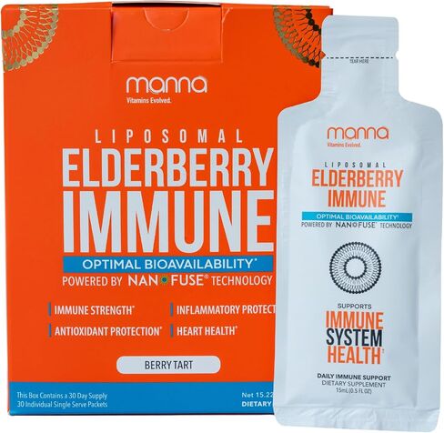 Manna Liposomal Elderberry Immune Packets – Vitamins C, D, Zinc, Echinacea & Ginger - Daily Immune Support for Adults & Kids - Sugar Free, Real Elderberry Extract & Syrup, Travel-Friendly, 30 Pack in Saudi Arabia