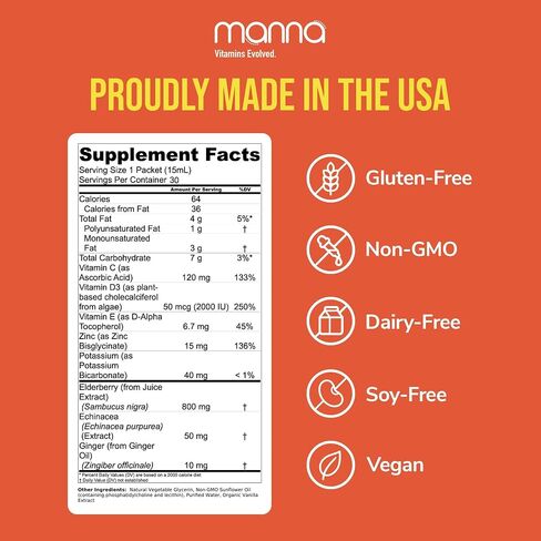 Manna Liposomal Elderberry Immune Packets – Vitamins C, D, Zinc, Echinacea & Ginger - Daily Immune Support for Adults & Kids - Sugar Free, Real Elderberry Extract & Syrup, Travel-Friendly, 30 Pack in Saudi Arabia