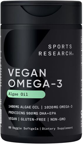 Sports Research Vegan Omega-3 Fish Oil Alternative from Algae Oil - Highest Levels of DHA & EPA Fatty Acids | Non-GMO Verified & Vegan Certified - Fresh Lemon Scent - 60 Veggie Softgels in Saudi Arabia