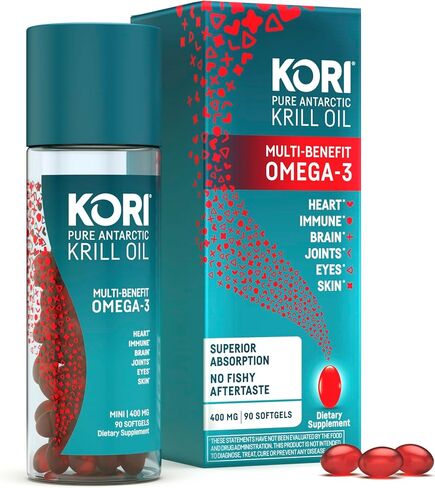 Kori Krill Oil Omega 3 Supplement, Antarctic Krill Oil with Superior Absorption vs Fish Oil Alternative, 400 mg Softgels, 90 Softgels, EPA & DHA in Kuwait